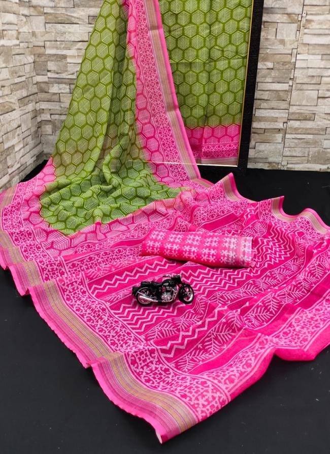 Linen Green Daily Wear Printed Saree